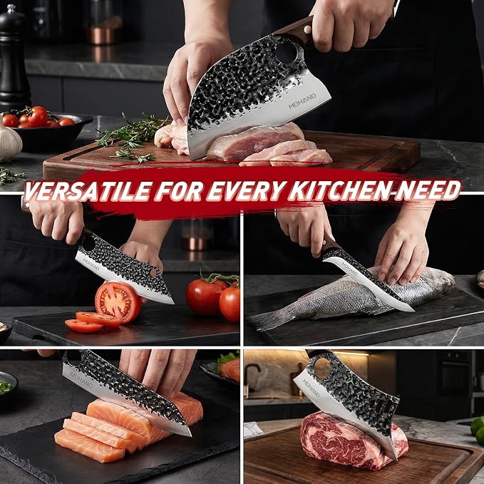 Butcher Knife Set, Serbian Chef Knife Set with Roll Bag Gift for Men | Hand Forged Full Tang 12PCS Kitchen Knife Set, Ebony Handle, High Carbon Steel Meat Cleaver for Brisket Trimming, Camping BBQ