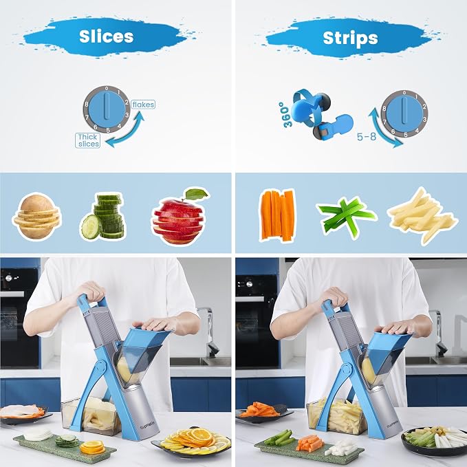 SupMaKin Upgrade Safe Mandoline Slicer Plus, Vegetable Chopper, Potato Slicer, Food Slicer Onion Chopper, Fry Cutter, Veggie Salad Dicer Kitchen Chopping Artifact Gifts (Blue) | 0.1-8mm, Cut Resistant Stainless Steel Blades,Potato Fry Cutter, Onion Cho...