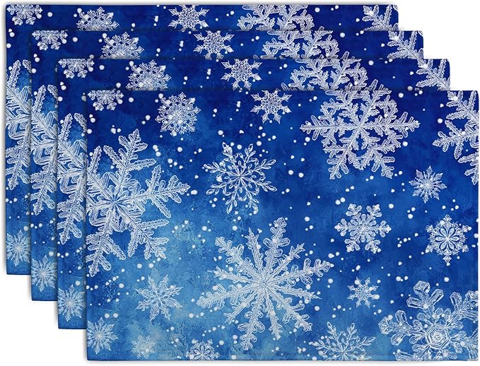 Winter Blue Snowflake Placemats Set of 4 Merry Christmas Snowflakes Linen Fabric Table Mats Seasonal Xmas Holiday Washable Place Mats for Party Kitchen Dining Outdoor Indoor Decor