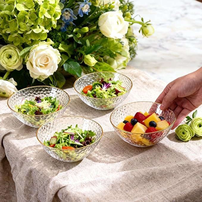 Rubtlamp 30 Pack Clear Disposable Bowls, Clear Plastic Bowls with Gold Rim, 12-16oz Premium Heavy Duty Plastic soup Bowls for Party, Wedding and Holiday