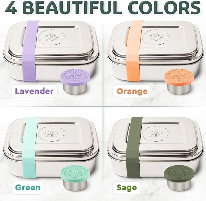 Stainless Steel Bento Box + Condiment Container - Lavender, 60oz / 1.8 L | Everusely extra large metal lunch box, leakproof sauce container, 3 compartment snack organizer, freezer & dishwasher safe