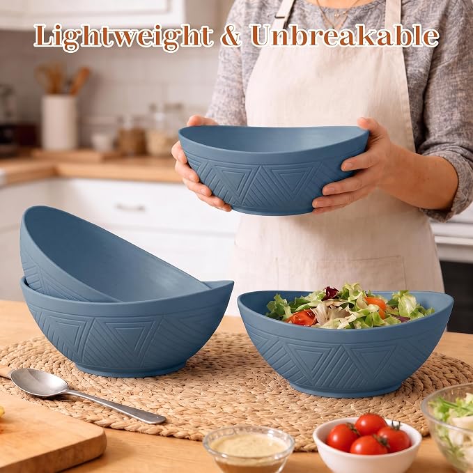 65 OZ Wheta Straw Bowls Set - Unbreakable Large Salad Bowl 4 PCS, Large Capacity Kitchen Bowls Microwave & Dishwasher Safe Serving Bowl for Salad, Popcorn, Chip (Blue)