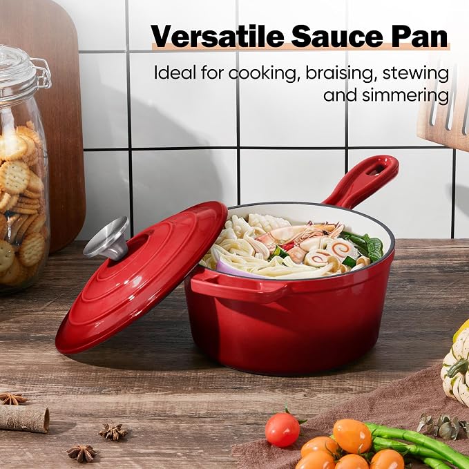 Homikit 1 Quart Saucepan with Lid, Small Enameled Cast Iron Sauce Pan, Enamel Cast Iron Cooking Pot Mini Dutch Oven Kitchen Cookware for Making Pasta, Boiling Soup, Warming Milk, Red