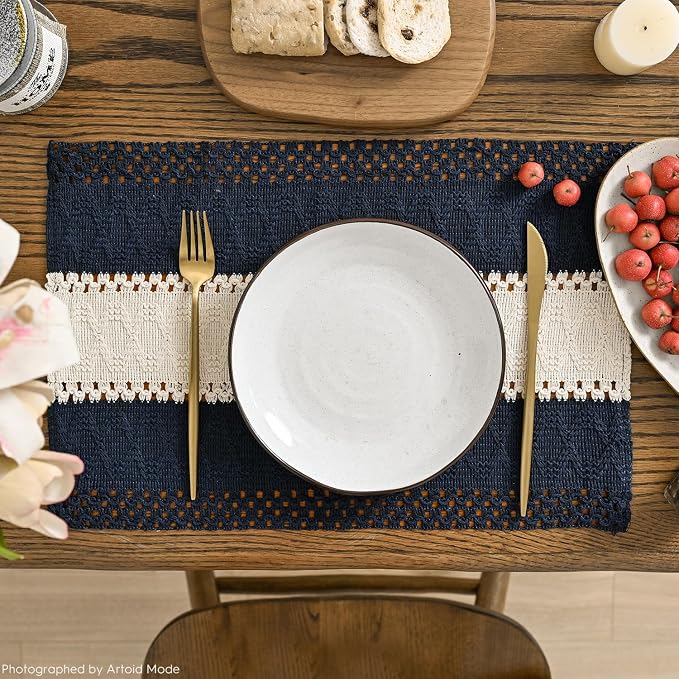 Artoid Mode Dark Blue Farmhouse Rustic Placemats Set of 6,12x18 Inch Seasonal Hollow Table Mats Party Kitchen Dining Decoration