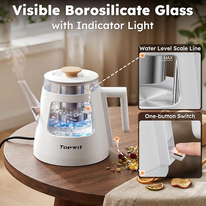TOPWIT 1L Gooseneck Electric Tea Kettle, Glass Electric Kettle, BPA-free | Removable Stainless Steel Tea Infuser, Visible Window, Auto-Shut Off, Ideal For Pour-Over Coffee, Home & Office, White