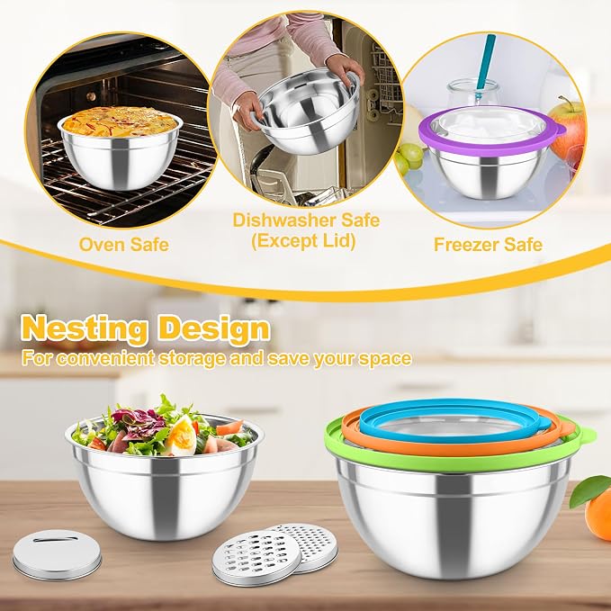 TeamFar Mixing Bowls, Stainless Steel Salad Serving Bowl with Clear Lids | with 3 Graters, For Kitchen Cooking Prepping Storing, Size 4.6/2.6/1.5/1/0.7 QT, Nesting & Airtight, Set of 5 & Multicolor