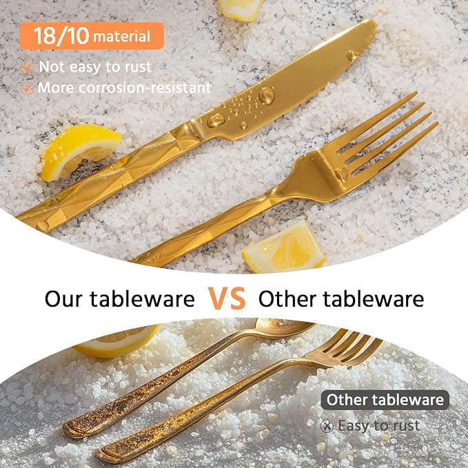 20 Piece 18/10 Gold Silverware Set, Stainless Steel Flatware Cutlery for 4 | KINGSTONE Luxury Silverware with Diamond Cut Pattern, Mirror Polished Utensils for Kitchen, Wedding, Party, Dishwasher Safe