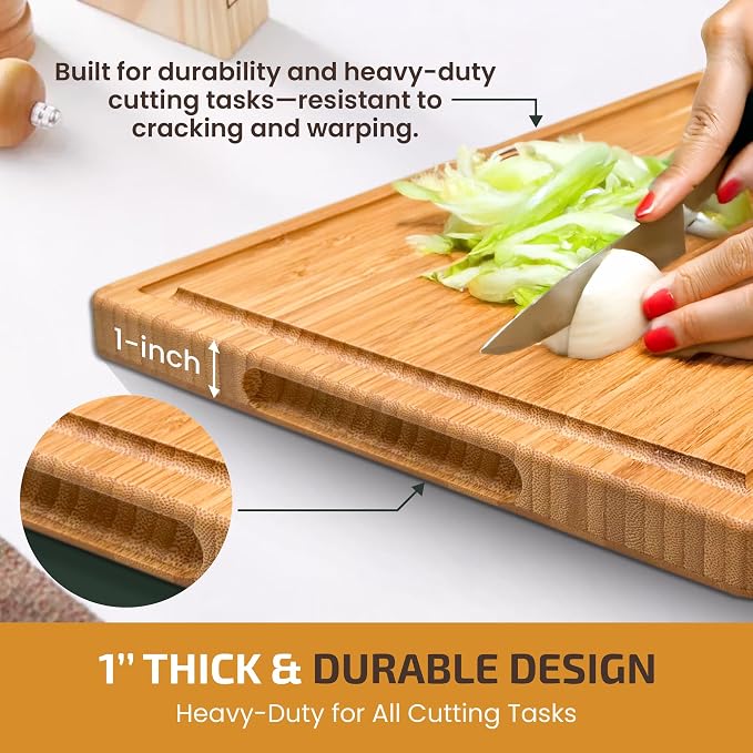 Wood Cutting Board for Kitchen - 1 Inch Thick Bamboo Wooden Chopping Board, Butcher Block Cutting Board with Juice Groove, Handles, Large Meat Cutting Board, Charcuterie Serving Board, 16 x 11