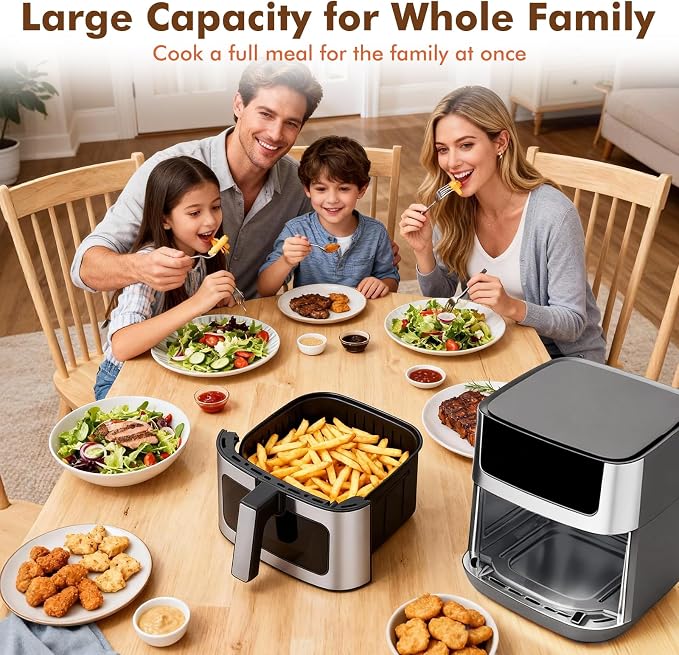 OLIXIS 6.34QT Air Fryer with Window, 8 Food Presets with 400°F Max Heat, 90-Min Timer, Nonstick Dishwasher-Safe Basket for Air Fry, Roast, Reheat, Bake, Stainless Steel, Grey