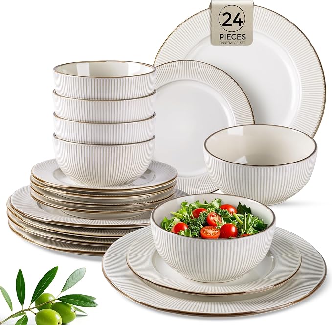 GBHOME Ceramic Dinnerware Sets of 8,24 pcs Plates and Bowls Sets Dishes | Embossed Elegant Stoneware Dishes Set | Dishwasher & Microwave Safe | Service for 4