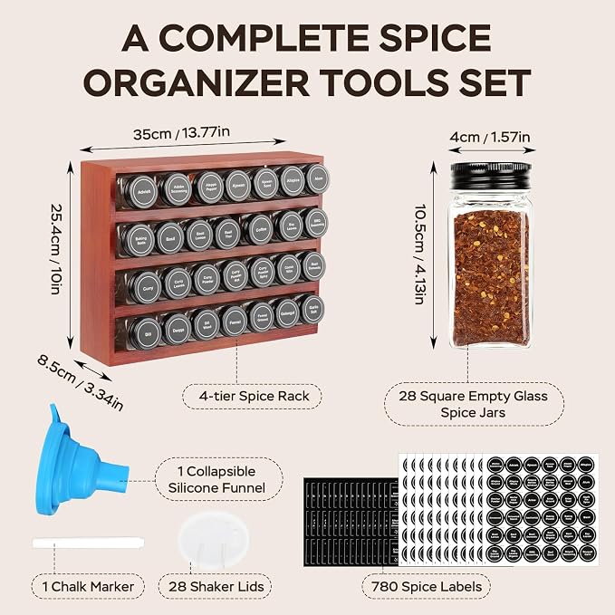 Bamboo Spice Rack Organizer with 28 Glass Spice Jars 4 oz Set Cherry Stain | 4 Tier Wood Hanging Shelf, 780 Labels, for Drawer Cabinet Kitchen Countertop Wall Mount, Empty 4 oz Glass Jars