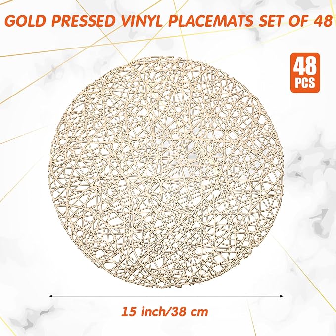 Sieral 48 Packs Gold Round Placemats 15 Inch Hollow Out Pressed Vinyl Place Mats Heat Resistant Woven Gold Placemats for Christmas Dinner Table Winter Holiday Party Wedding Centerpiece Decoration