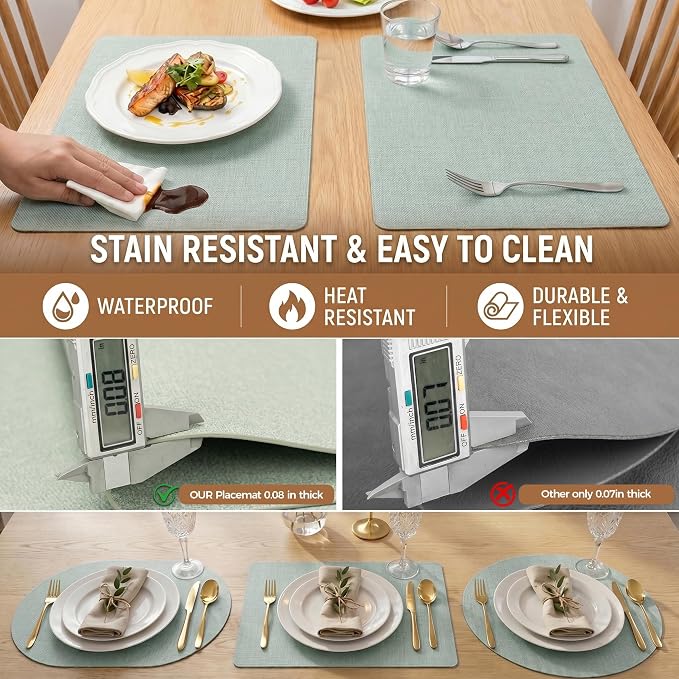 Faux Leather Placemats Set of 4, Wipeable Waterproof Stain Resistant Table Mats, Heat Resistant Thick Placemats with Hand-Painted Edges for Kitchen Dining, Imitative Linen Texture, Various Shapes