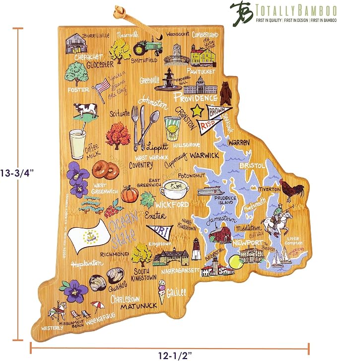 Totally Bamboo Rhode Island State Shaped Cutting Board, Art by Fish Kiss | State charcuterie board with colorful hand-drawn map artwork. Smooth reverse side for food prep. Hang tie for wall display.