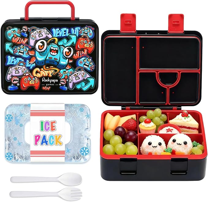 rockpapa Chill Bento Box for Kids- Large 5.5 Cups Lunch Box with Ice Pack - 5 Compartments, BPA-Free, Leak Proof, with Utensils & Portable Handle, Microwave/Dishwasher Safe (Black Games)