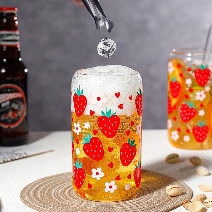 Glass Cups with Lids and Straws with Design Strawberry 4 pcs,Clear Glass Cups 16 oz-DWTS Drinking Glasses Set,Glass Tumbler,Cute Design Glass Iced Coffee Cups with Lids and Straws 480ml