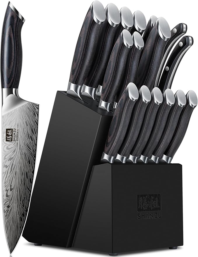 SHAN ZU 16 Pieces Knife Set, Knife Block Set in Powder Steel | Ultra Sharp Kitchen Knives Set, Japanese Knife Set with Ergonomic Pakkawood Handle, Chef Knife Set for Kitchen Cooking