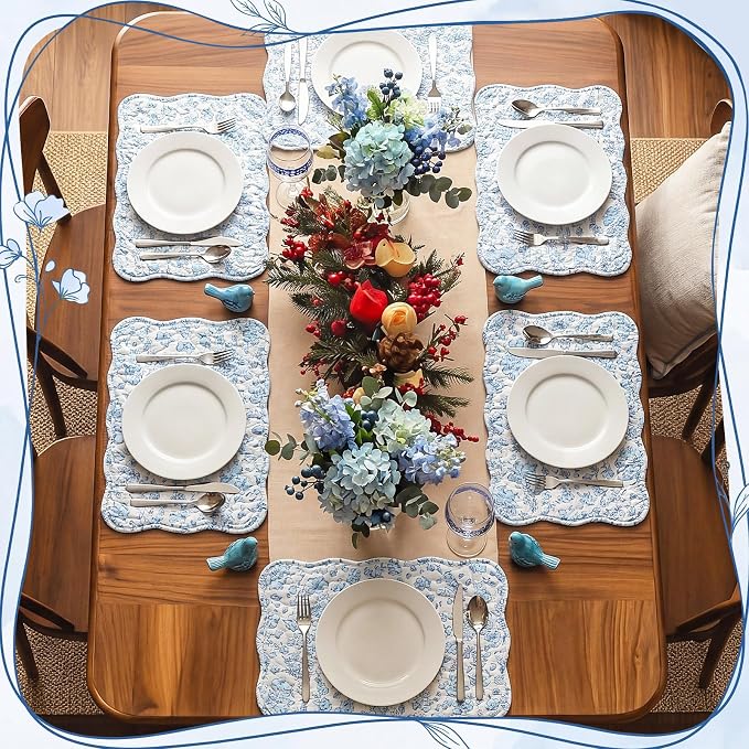 Quilted Placemats Set of 6, 18" x 13" Large Scalloped Cotton Placemat Washable Cloth Flowers Table Mats for Summer Party Kitchen Dining Farmhouse Cottagecore Decor(Blue Flower)