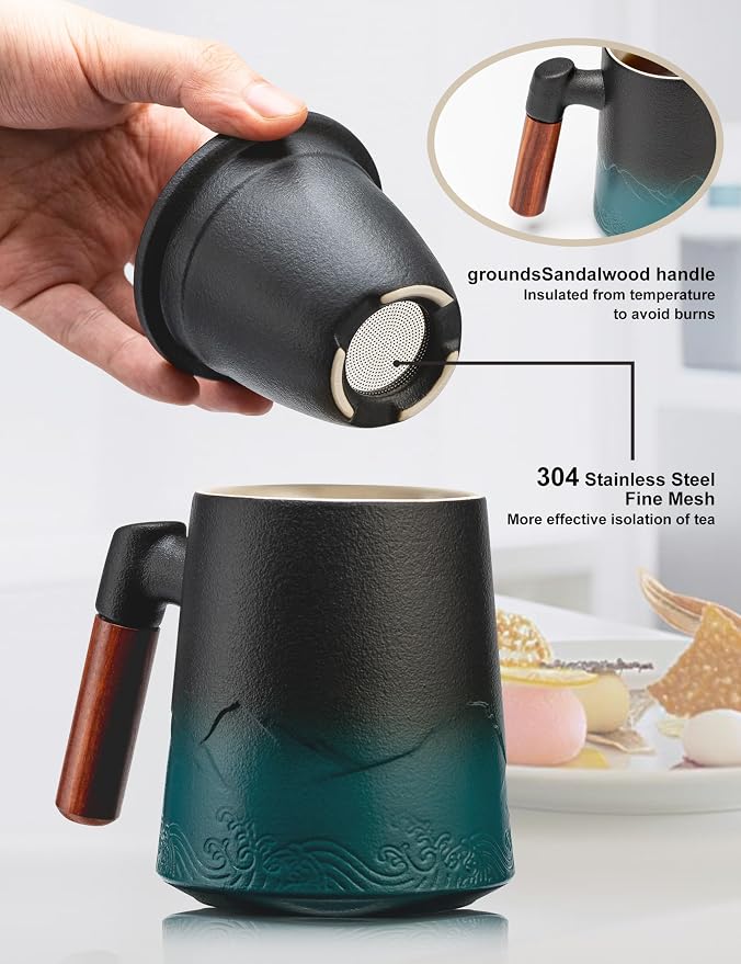 suyika Tea Cup with Infuser and Lid, Gradient Black & Blue, 15.2oz /450ml | Ceramic Mug, Wood Handle, For Loose Leaf Tea