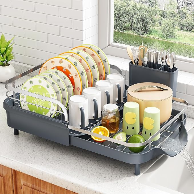 SAYZH Expandable Dish Drying Rack for Small Kitchen Counter, Grey | Stainless Steel, Protective Guardrail, Angled Drainboard, Fits High-Rim Sinks, Removable Utensil Holder