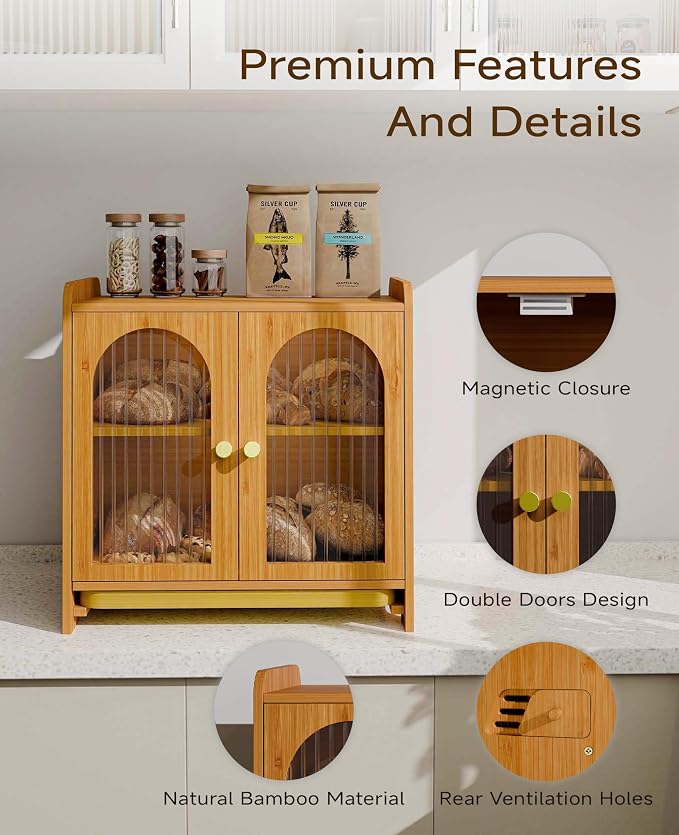 Bread Box for Kitchen Countertop, Large Double Layer Wooden Bread Storage Container with Acrylic Window, Adjustable Air Vents & Built-In Cutting Board, Pantry Organizer
