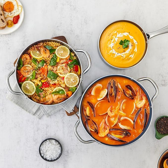 BEZIA Nonstick Induction Cookware Set, 6-Piece Pots and Pans Set with Lids | 2QT Saucepan, 4.8QT Casserole Dutch Oven, 6QT Stock Pot, Riveted Stainless Steel Handles, Oven Safe, Works on All Stovetops