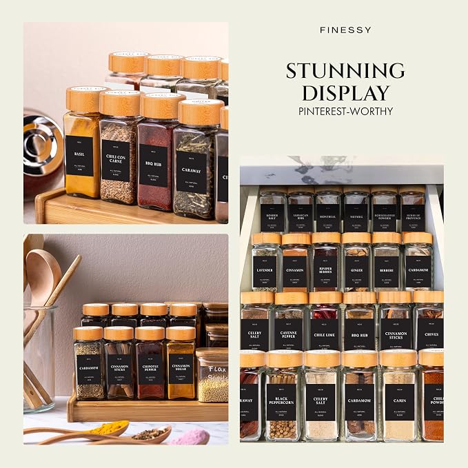 Thick Glass Spice Jars With Bamboo Lids 4 oz, Waterproof Labels, 36 Pack | Empty Spice Bottles With Sift / Pour Shaker Inserts, Airtight Lids And Collapsible Funnel. 200 Pre-Printed Labels, 40 Blanks