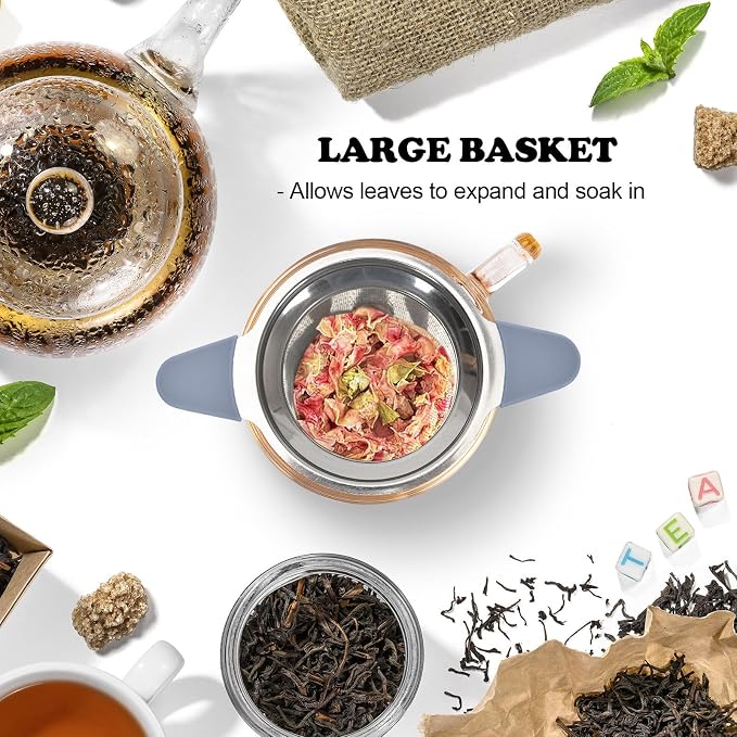 Tea Infuser for Loose Leaf Tea, 304 Stainless Steel Strainer Basket Silver | Fine Mesh Steeper, Heat Resistant, Silicone Handle, Lid Included, Large Capacity, Mug Filter, Fits Standard Cups