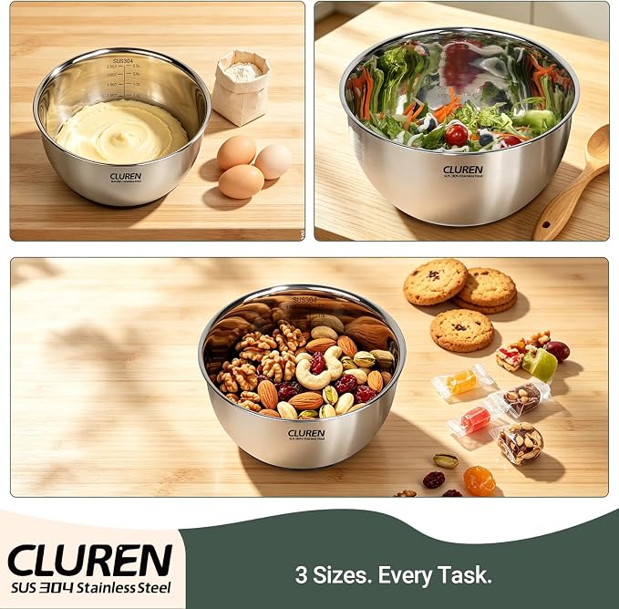 304 Stainless Steel Mixing Bowls of 3 (No lids) | Heavy-Gauge Metal Bowls with White Non-Slip Silicone Base – Nesting, Dishwasher Safe for Salad, Meal Prep