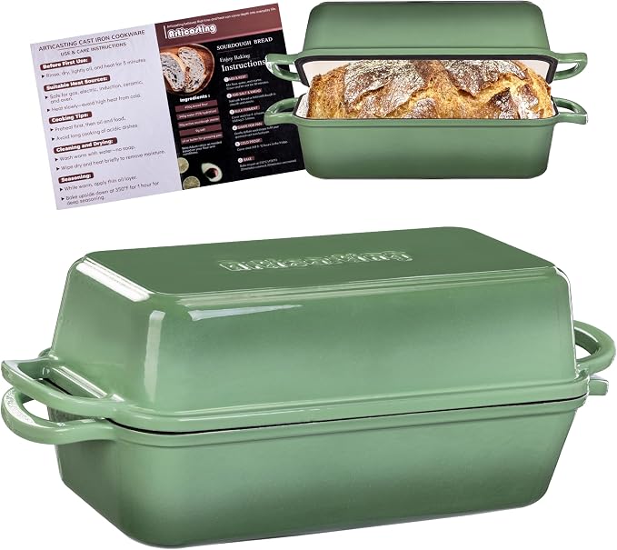 Cast Iron Loaf Pan with Lid, 11x5 Inch 5.8 Qt Sourdough Pan | Dutch Oven Bread Pan with lid, Large Cast Iron Loaf Pan for Sourdough Bread, 11x5", 2-in-1 Design, Crispy Crust, Pistachio
