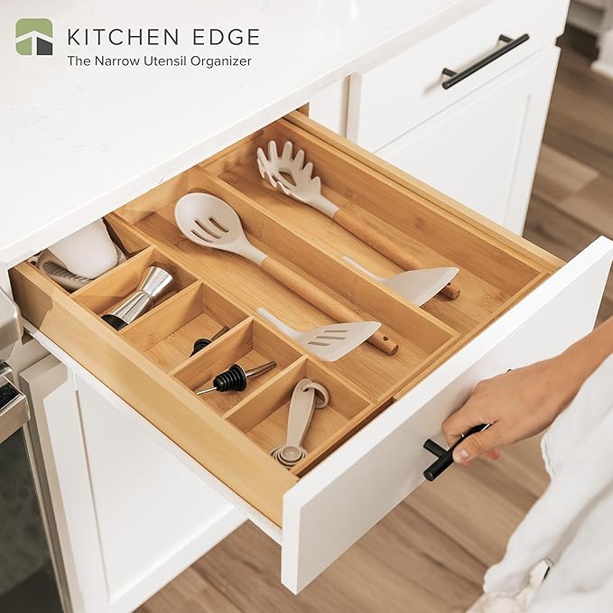 Utensil & Junk Drawer Organizer, 10.5-19 in, Bamboo | Food-safe contract grade, 100% sustainable wood, non-slip, adjustable