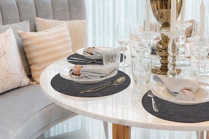 Round Faux Leather Placemat and Coaster 6 Packs, Washable Heat Resistant Dining Place Mats, Wipeable Double-Sided Table Mats for Indoor and Outdoor, Diameter 13 and 3.93 inch, Charcoal