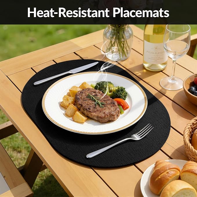 Placemats Set of 8, 11.8 x 17 Inch, Black | Heat Resistant Oval Faux Leather Place Mats, Waterproof Wipeable Reversible PU Placemat, Indoor & Outdoor