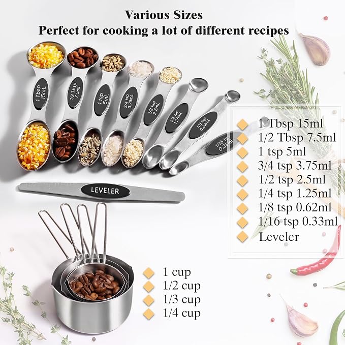 13pcs Stainless Steel Measuring Cups and Spoons Set, Including 8 Double-Sided Magnetic Measuring Spoons Set & 1 Leveler, 4 Metal Measuring Cups