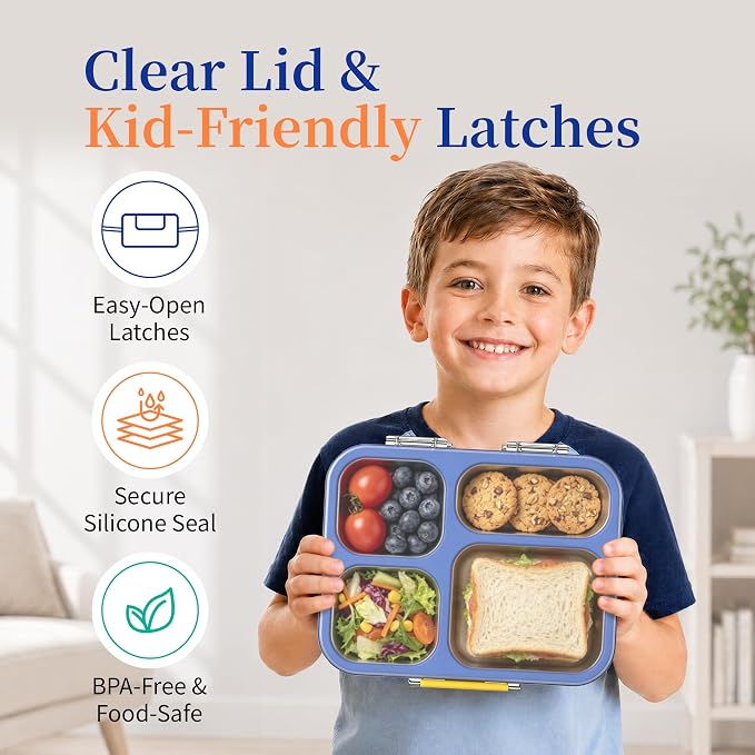 Stainless Steel Lunch Box for Kids, Leakproof 4 Compartment Kids Bento Lunch Box with Clear Lid, BPA-Free Steel Lunch Box Containers for School Travel (Blue)