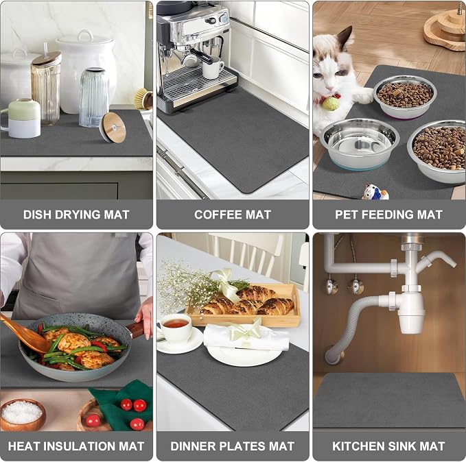 Findosom Dish Drying Mat, 12"x 20" Super Absorbent & Hide Stain Coffee Mat, Cuttable Drying Mat for Kitchen Counter, Coffee Bar Accessories, Under Dish Rack, Coffee Maker, Espresso Machine, DarkGrey-2