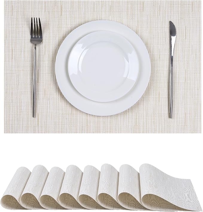 Leetaltree Pale Beige Placemats Set of 8 - Heat Resistant Non-Slip Place mats for Dining Table, Washable Durable PVC Vinyl Woven Table Mats（Pale Beige, 8）