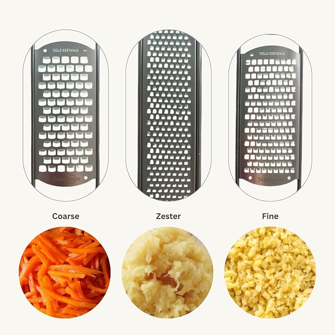 3-Piece Stainless Steel Cheese Grater & Zester Set w/Acacia Wood Handles – For Parmesan, Lemon Zest, Ginger, and Spices