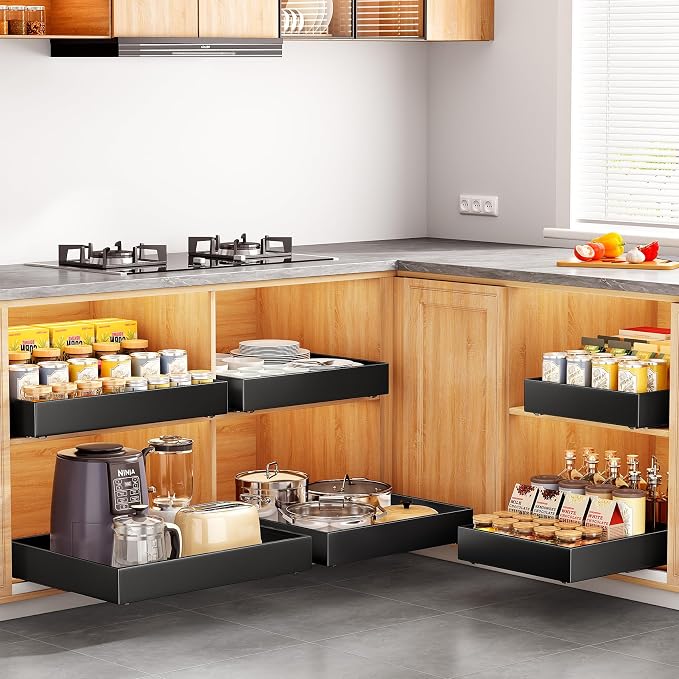 Pull out Cabinet Organizer, 21"Deep, 20"Wide Full-Extension Heavy Duty Slide out Drawers with Nano Adhesive, Roll Out Shelves Sliding Cabinet for Kitchen, Bathroom, Pantry, Under Sink Storage(Black)