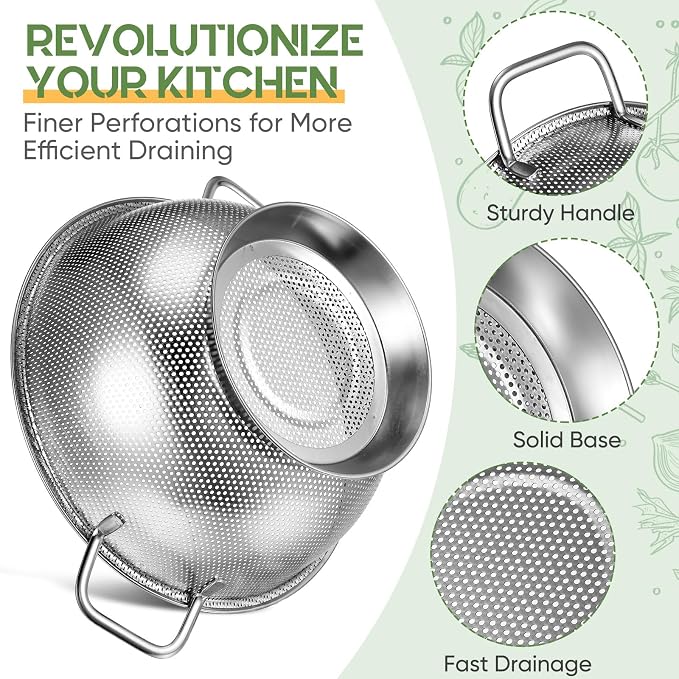 3 Pcs Stainless Steel Colander Set Colander Bowl and Sieves 1/3/5 Quart Metal Mesh Strainer Net Basket with Handles Food Spaghetti Strainer for Kitchen Draining Pasta Rinsing(Silver)