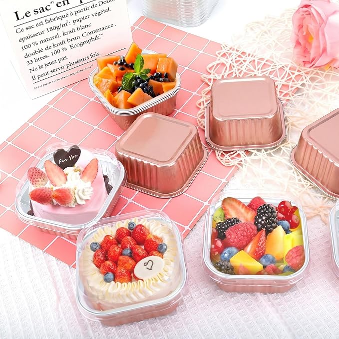 60Pack 5oz Champagne Mini Cake Pans with Lids Baking Cups Aluminum Foil Pans Tins, Individual Dessert Cups Containers for Sales,Party,Picnics