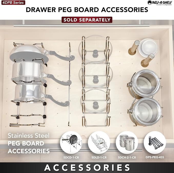 Rev-A-Shelf Trimmable Pegboard Drawer Divider Organizer | Trim to Custom Fit Wooden Kitchen Cabinet Storage Utensil, Pots & Dish Rack, 30 x 21, 4DPS-3021