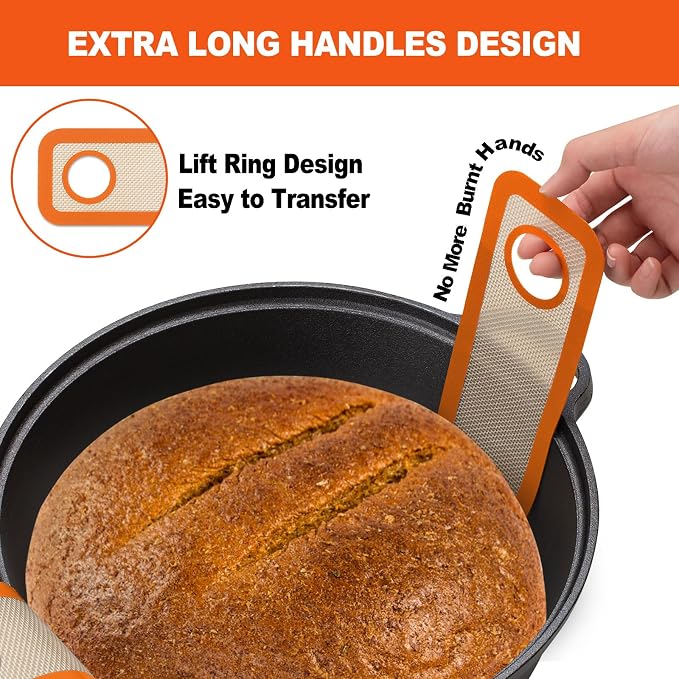 Silicone Bread Sling Oval and Round - Non-Stick & Easy Clean Reusable Oval Bread Baking Mat for dutch oven. With Long Handles Sourdough Bread Baking mat tools supplier Liner (Orange)
