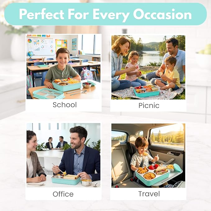 Homaze Kids Adults Stainless Steel Bento Box, 4-Compartment Metal Lunch Box