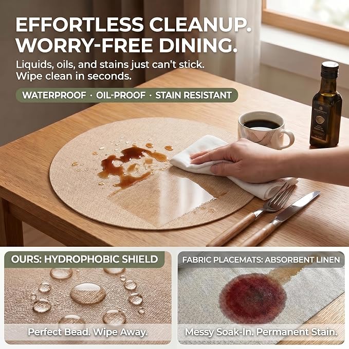 Faux Leather Placemats Set of 6, Wipeable Waterproof Stain Resistant Table Mats, Heat Resistant Thick Placemats with Hand-Painted Edges for Kitchen Dining, Imitative Linen Texture, Various Shapes