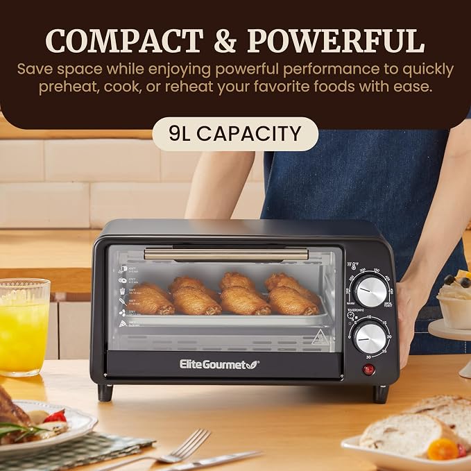 Elite Gourmet ETO449X Toaster Oven, 9.5Qt/4-Slice, 800W Quartz, Black | Fits 8" Pizza, 200-450F Adjustable Temp, 30-Min Timer - compact countertop mini design for small kitchens, dorms, RVs
