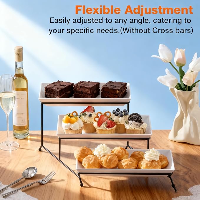 3 Tier Serving Tray, 12" White Plastic Tiered Food Serving Platters, Reusable Tray Stand Black Collapsible Metal Stand with Stable Cross Bars, Party Display Stands for Veggie Fruit, Dessert