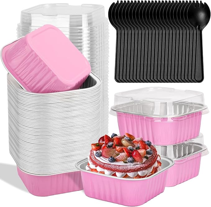 selizo 60 Pack 10oz Mini Disposable Cake Pans with Lids, Aluminum Foil Square Baking Cups, 4.4x4.4 Large Baking Cake Tins Cup Cake Containers with Lids for Thanksgiving Individual Cakes