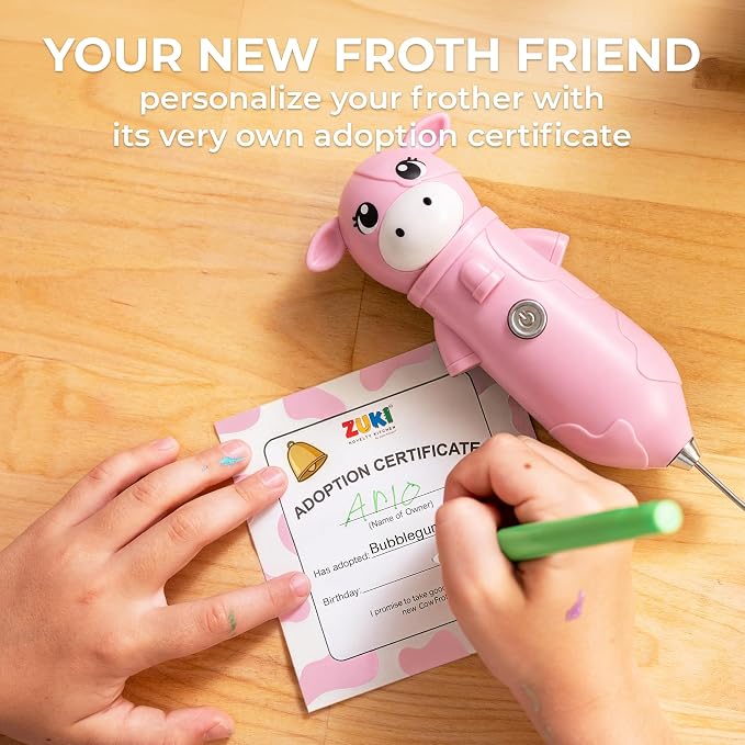 Zulay Kitchen Cow Milk Frother Wand – Cutesy Frother, Meet Your New Frothing Buddy Bubblegum The Cow, Adoption Papers and Stickers Included, Purrr-fect for Lattes, Cappuccino & Matcha – Pink