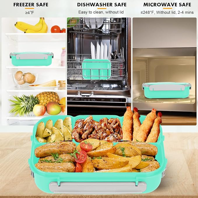 Bento Box for Kids 1300ML with 4 Compartment & Food Picks Cake Cups, Green | Lunch Box Containers for Adults/Kids/Toddler, Leak-Proof, Microwave/Dishwasher/Refrigerator Safe, BPA Free
